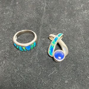 Sterling Silver Blue Opal Ring and Pendant set